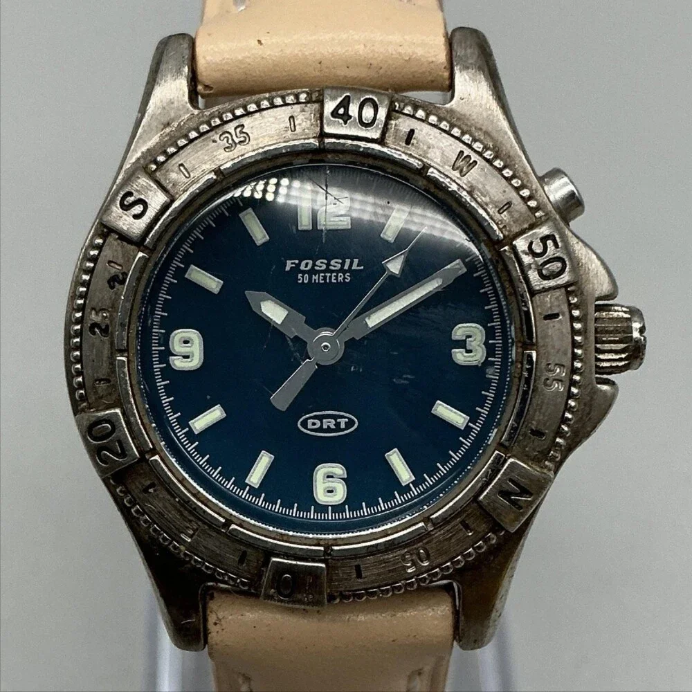 Vintage Fossil DRT DT-4041 Womens Watch 29mm Blue Dial Beige Leather New Battery